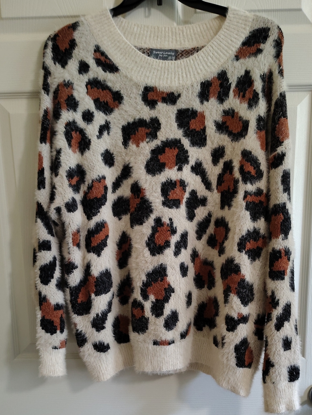 Sweet Lovely Cream Leopard Crewneck Sweater with Brown and Black Spots